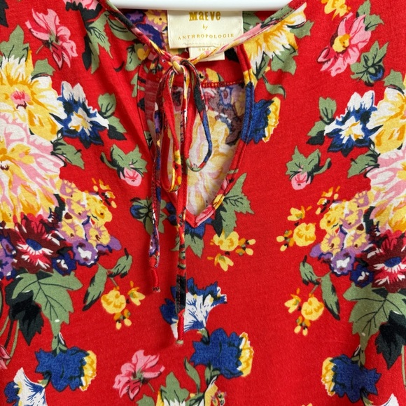 Maeve by Anthropologie Size S Clemente Red Floral Short Sleeve Tie-Neck Blouse - Picture 6 of 13